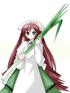 Rating: Safe Score: 0 Tags: 1girl bangs brown_hair dress green_dress green_eyes hat head_scarf heterochromia image long_hair long_sleeves looking_at_viewer red_eyes simple_background solo suiseiseki very_long_hair white_background User: admin