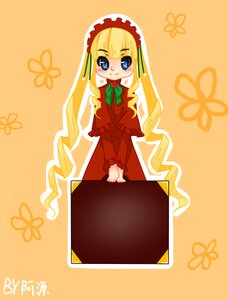 Rating: Safe Score: 0 Tags: 1girl bangs blonde_hair blue_eyes blush bonnet bow bowtie dress green_bow image long_hair long_sleeves looking_at_viewer red_dress shinku simple_background smile solo v_arms User: admin
