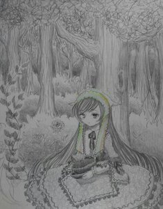 Rating: Safe Score: 0 Tags: 1girl dress flower frills image long_hair long_sleeves monochrome nature solo suiseiseki traditional_media tree very_long_hair User: admin
