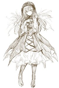 Rating: Safe Score: 0 Tags: 1girl boots dress flower full_body hairband image knee_boots long_hair long_sleeves monochrome simple_background sketch solo standing suigintou very_long_hair white_background wings User: admin