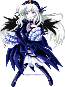 Rating: Safe Score: 0 Tags: 1girl black_wings boots dress frilled_sleeves frills full_body hairband image long_hair long_sleeves looking_at_viewer ribbon silver_hair solo suigintou white_background wings User: admin