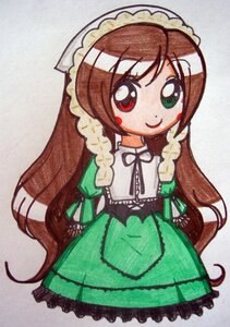 Rating: Safe Score: 0 Tags: 1girl blush_stickers braid brown_hair chibi dress frills green_dress green_eyes grey_background heterochromia image long_hair long_sleeves looking_at_viewer red_eyes simple_background smile solo suiseiseki traditional_media very_long_hair User: admin