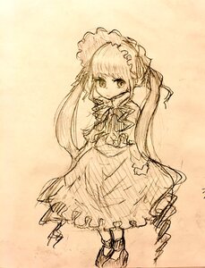 Rating: Safe Score: 0 Tags: 1girl bonnet bow closed_mouth dress frills full_body image long_hair long_sleeves looking_at_viewer monochrome shinku sketch solo standing traditional_media twintails User: admin