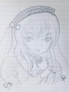 Rating: Safe Score: 0 Tags: 1girl akemi_homura auto_tagged choker greyscale image long_hair looking_at_viewer monochrome simple_background sketch smile solo suigintou traditional_media User: admin