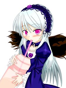 Rating: Safe Score: 0 Tags: 1girl blush dress flower frills hairband image juliet_sleeves lolita_hairband long_hair long_sleeves looking_at_viewer mouth_hold pink_eyes puffy_sleeves silver_hair simple_background solo suigintou white_background wings User: admin