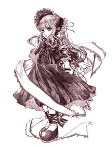 Rating: Safe Score: 0 Tags: 1girl bonnet bow capelet dress full_body image long_hair long_sleeves looking_at_viewer monochrome ribbon shinku shoes simple_background solo standing white_background User: admin