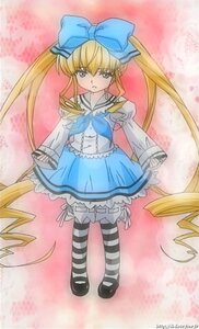 Rating: Safe Score: 0 Tags: 1girl blonde_hair blue_eyes bow dress drill_hair frills full_body hair_bow image long_hair long_sleeves pantyhose shinku shoes solo striped striped_legwear twintails very_long_hair User: admin