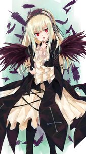 Rating: Safe Score: 3 Tags: 1girl bird black_feathers black_wings crow dress feathers frilled_sleeves frills hairband image lolita_fashion lolita_hairband long_hair long_sleeves looking_at_viewer open_mouth red_eyes solo suigintou wings User: admin