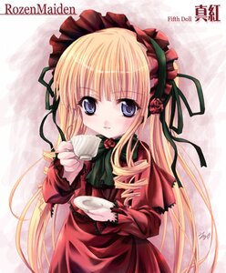 Rating: Safe Score: 0 Tags: 1girl blonde_hair blue_eyes bonnet bow cup dress flower holding holding_cup image long_hair long_sleeves looking_at_viewer red_dress ribbon rose saucer shinku solo tea teacup very_long_hair User: admin