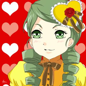 Rating: Safe Score: 0 Tags: 1girl bow drill_hair flower green_eyes green_hair heart image kanaria red_background rose smile solo User: admin