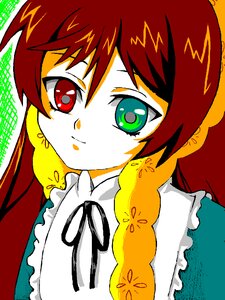 Rating: Safe Score: 0 Tags: 1girl bangs closed_mouth dress frills heterochromia image long_hair looking_at_viewer red_eyes ribbon simple_background smile solo suiseiseki User: admin