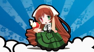 Rating: Safe Score: 0 Tags: 1girl brown_hair chibi dress food frills green_dress green_eyes head_scarf heterochromia image long_hair long_sleeves looking_at_viewer open_mouth red_eyes solo suiseiseki very_long_hair User: admin