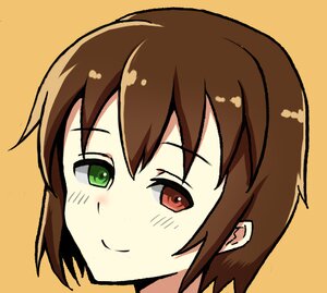Rating: Safe Score: 0 Tags: 1girl bangs blush brown_hair closed_mouth eyebrows_visible_through_hair face green_eyes hair_between_eyes image looking_at_viewer orange_background portrait shiny_hair short_hair simple_background smile solo souseiseki yellow_background User: admin