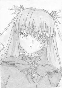 Rating: Safe Score: 0 Tags: 1girl barasuishou bowtie greyscale hair_ribbon image long_hair looking_at_viewer monochrome ribbon simple_background solo traditional_media two_side_up User: admin