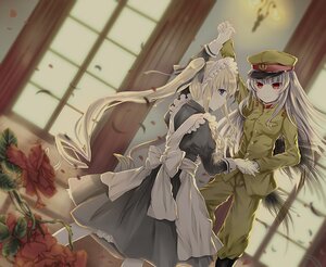 Rating: Safe Score: 0 Tags: 2girls apron blonde_hair blue_eyes blurry blurry_foreground depth_of_field eyebrows_visible_through_hair flower hat holding_hands image indoors long_hair long_sleeves maid maid_headdress military military_uniform multiple_girls pair peaked_cap petals red_eyes shinku smile suigintou twintails uniform very_long_hair User: admin