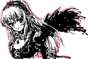 Rating: Safe Score: 0 Tags: 1girl black_wings dress frills hairband image long_hair long_sleeves looking_at_viewer monochrome pink_eyes simple_background solo suigintou upper_body white_background wings User: admin