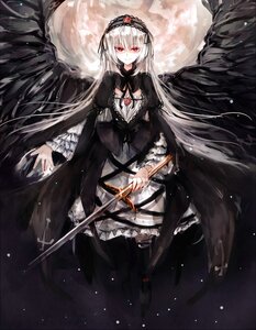 Rating: Safe Score: 0 Tags: 1girl black_dress black_wings dress flower frills gothic_lolita hairband holding image lolita_fashion long_hair long_sleeves looking_at_viewer red_eyes ribbon rose silver_hair solo suigintou very_long_hair weapon wings User: admin