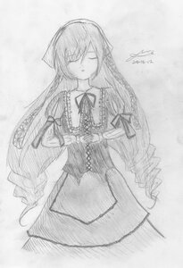 Rating: Safe Score: 0 Tags: 1girl artist_name closed_eyes dated dress greyscale image long_hair long_sleeves monochrome ribbon signature simple_background solo suiseiseki traditional_media very_long_hair User: admin