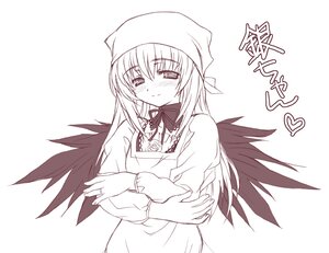 Rating: Safe Score: 0 Tags: 1girl aoi_kumiko apron artist_request blush crossed_arms feathered_wings greyscale hat image jewelry long_hair long_sleeves looking_at_viewer monochrome pink_theme ring rozen_maiden simple_background smile solo striped suigintou upper_body white_background wings User: admin