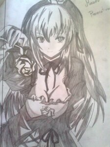 Rating: Safe Score: 0 Tags: 1girl breasts cleavage dress flower image large_breasts long_hair monochrome rose smile solo suigintou traditional_media User: admin