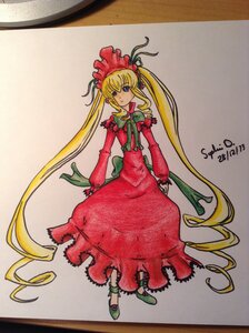 Rating: Safe Score: 0 Tags: 1girl blonde_hair blue_eyes bonnet bow bowtie dated dress full_body green_bow image long_hair long_sleeves looking_at_viewer marker_(medium) photo red_dress shinku shoes signature solo standing traditional_media twintails very_long_hair User: admin