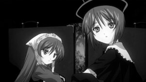 Rating: Safe Score: 0 Tags: 2girls :o blush greyscale hat image long_sleeves looking_at_viewer looking_back monochrome multiple_girls pair short_hair souseiseki suiseiseki User: admin