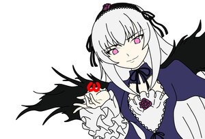 Rating: Safe Score: 0 Tags: 1girl black_wings detached_collar dress flower frilled_sleeves frills hairband image long_hair long_sleeves looking_at_viewer pink_eyes ribbon rose silver_hair simple_background smile solo suigintou upper_body white_background wings User: admin