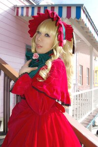 Rating: Safe Score: 0 Tags: 1girl balcony blonde_hair blue_eyes bonnet book bookshelf building dress drill_hair flower library lips long_hair long_sleeves looking_at_viewer looking_back pink_rose railing red_dress ringlets rose shinku solo User: admin