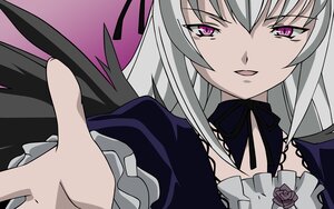 Rating: Safe Score: 3 Tags: 1girl black_ribbon black_wings close-up dress flower frills gothic_lolita image long_hair long_sleeves looking_at_viewer open_mouth purple_eyes ribbon rose silver_hair smile solo suigintou wings User: admin