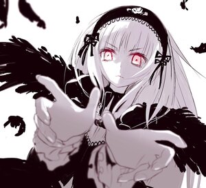 Rating: Safe Score: 0 Tags: 1girl bangs black_feathers black_wings blurry blurry_foreground closed_mouth depth_of_field dress eyebrows_visible_through_hair feathered_wings feathers flower frills hairband image joints long_hair long_sleeves looking_at_viewer monochrome rose smile solo suigintou white_background wings User: admin