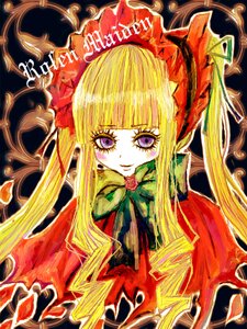 Rating: Safe Score: 0 Tags: 1girl bangs blonde_hair blue_eyes bow dress drill_hair flower green_bow image long_hair long_sleeves looking_at_viewer red_capelet rose shinku simple_background smile solo twintails upper_body User: admin