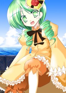 Rating: Safe Score: 0 Tags: 1girl day dress drill_hair flower frills green_eyes green_hair hat image kanaria long_sleeves open_mouth outdoors rose sitting sky solo twin_drills User: admin