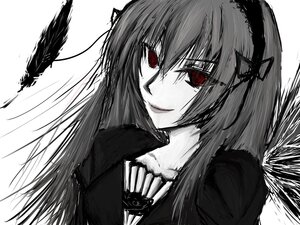 Rating: Safe Score: 0 Tags: 1girl bangs dress feathers fur_trim hair_between_eyes hairband image long_hair long_sleeves looking_at_viewer monochrome red_eyes simple_background smile solo spot_color suigintou upper_body white_background User: admin