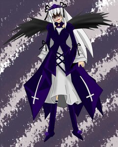 Rating: Safe Score: 0 Tags: 1girl black_wings dress flower full_body hairband image long_hair long_sleeves purple_eyes purple_flower purple_rose rose silver_hair solo suigintou wings User: admin