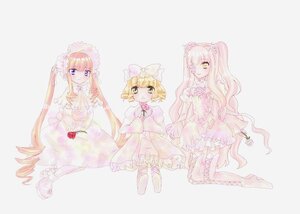 Rating: Safe Score: 0 Tags: 3girls blonde_hair bow dress image jewelry long_hair long_sleeves looking_at_viewer multiple multiple_girls pink_dress sitting smile striped striped_legwear tagme twintails very_long_hair User: admin