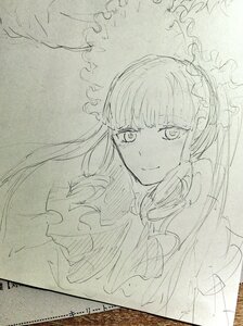 Rating: Safe Score: 0 Tags: 1girl bangs blunt_bangs closed_mouth eyebrows_visible_through_hair frills image long_hair looking_at_viewer monochrome shinku sketch smile solo traditional_media upper_body User: admin