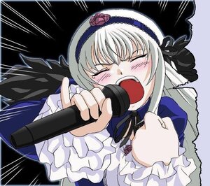 Rating: Safe Score: 3 Tags: 1girl black_wings blush closed_eyes dress flower frills hairband image karaoke long_hair long_sleeves microphone music open_mouth rose silver_hair singing solo suigintou tears upper_body wings User: admin