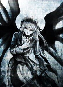 Rating: Safe Score: 0 Tags: 1girl black_wings dress feathered_wings hairband image long_hair long_sleeves looking_at_viewer monochrome solo suigintou very_long_hair wings User: admin