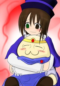 Rating: Safe Score: 0 Tags: 1girl blue_dress blush brown_hair cape closed_eyes crossover dress hat hug image long_sleeves red_eyes smile solo souseiseki top_hat User: admin