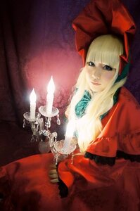 Rating: Safe Score: 0 Tags: 1girl blonde_hair blue_eyes bow chain curtains dress flower lips long_hair red_dress shinku solo User: admin