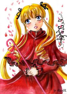 Rating: Safe Score: 0 Tags: 1girl blonde_hair blue_eyes blush capelet dress drill_hair hair_ribbon heart holding image long_hair long_sleeves looking_at_viewer marker_(medium) petals red_dress ribbon rose_petals shinku solo traditional_media twintails User: admin