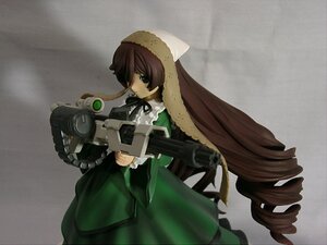 Rating: Safe Score: 0 Tags: 1girl brown_hair doll dress drill_hair frills green_dress green_eyes gun holding holding_weapon long_hair long_sleeves ribbon ringlets solo suiseiseki twin_drills very_long_hair weapon User: admin