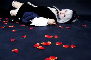 Rating: Safe Score: 0 Tags: 1girl bangs choker dress lips long_sleeves lying nail_polish petals red_eyes solo suigintou User: admin