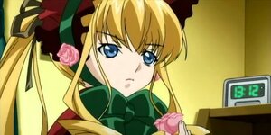 Rating: Safe Score: 0 Tags: 1girl bangs blonde_hair blue_eyes bonnet bow bowtie flower green_bow image long_hair looking_at_viewer pink_flower pink_rose shinku sidelocks solo User: admin