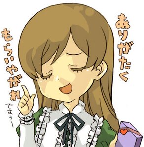 Rating: Safe Score: 0 Tags: 1girl :d blush brown_hair closed_eyes dress frills image index_finger_raised long_hair long_sleeves neck_ribbon open_mouth ribbon simple_background smile solo suiseiseki text_focus upper_body white_background User: admin