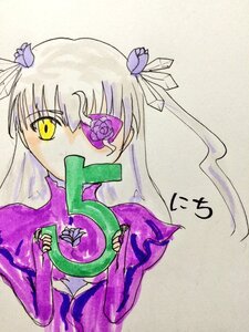 Rating: Safe Score: 0 Tags: 1girl barasuishou bug butterfly flower hair_ornament holding image insect long_hair long_sleeves looking_at_viewer purple_flower purple_rose rose simple_background solo traditional_media upper_body very_long_hair yellow_eyes User: admin