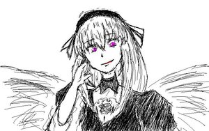 Rating: Safe Score: 0 Tags: 1girl bangs choker dress eyebrows_visible_through_hair hair_between_eyes hairband image long_hair long_sleeves looking_at_viewer monochrome simple_background smile solo suigintou upper_body white_background wings User: admin