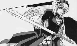 Rating: Safe Score: 0 Tags: 1girl dress frilled_sleeves frills greyscale hairband image long_hair long_sleeves looking_at_viewer monochrome simple_background solo suigintou sword very_long_hair weapon wings User: admin