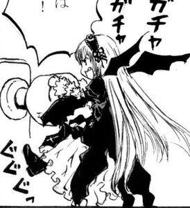 Rating: Safe Score: 0 Tags: 1girl dress greyscale image long_hair long_sleeves monochrome smile solo suigintou top_hat very_long_hair wings User: admin