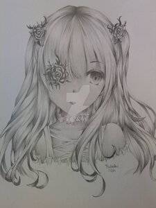 Rating: Safe Score: 0 Tags: 1girl flower greyscale hair_flower hair_ornament image kirakishou long_hair looking_at_viewer monochrome photo rose signature solo traditional_media two_side_up upper_body User: admin